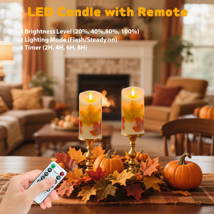 Flameless Candles Light, Set of 2 6"x3" Maple Leaf Flickering LED Candles with Remote & Timer, Dimmable Electric Pillar Candles Battery Operated, Fall Candles for Thanksgiving Harvest Autumn Decor