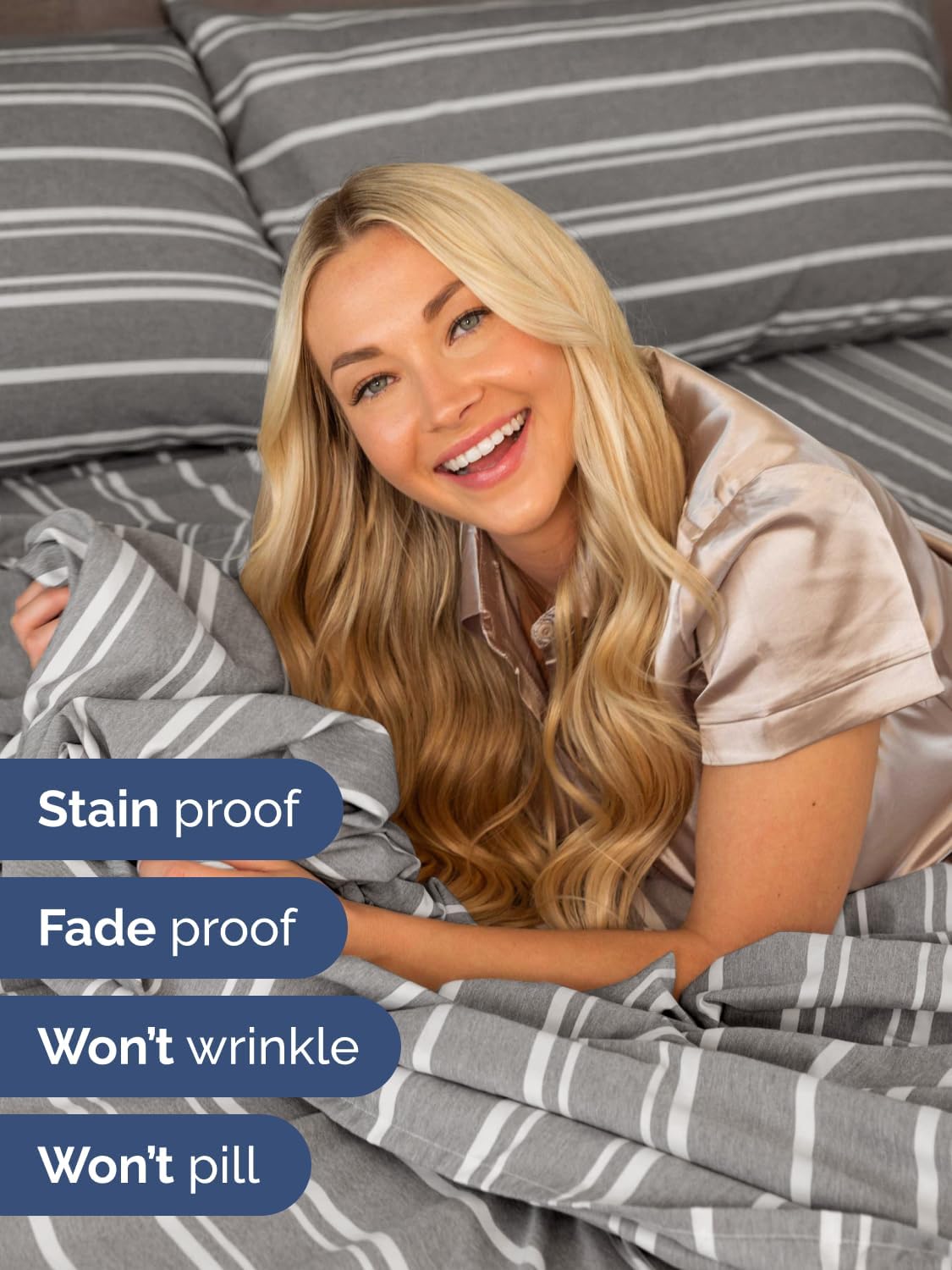 Skiennix Extra Deep Split King Sheet Set - 7 Piece Cooling Bedding - Soft, Wrinkle-Free, Grey Stripes