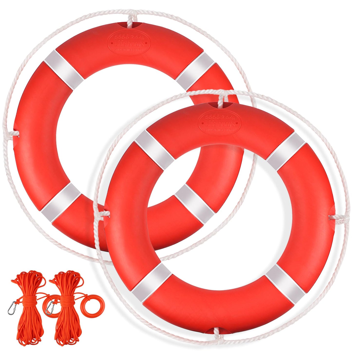 Life Ring, 28" Boat Safety Throw Rings with 98.5 FT Floating Rescue Rope, Pool Life Ring with Reflective Tape, 2 Pack, Orange