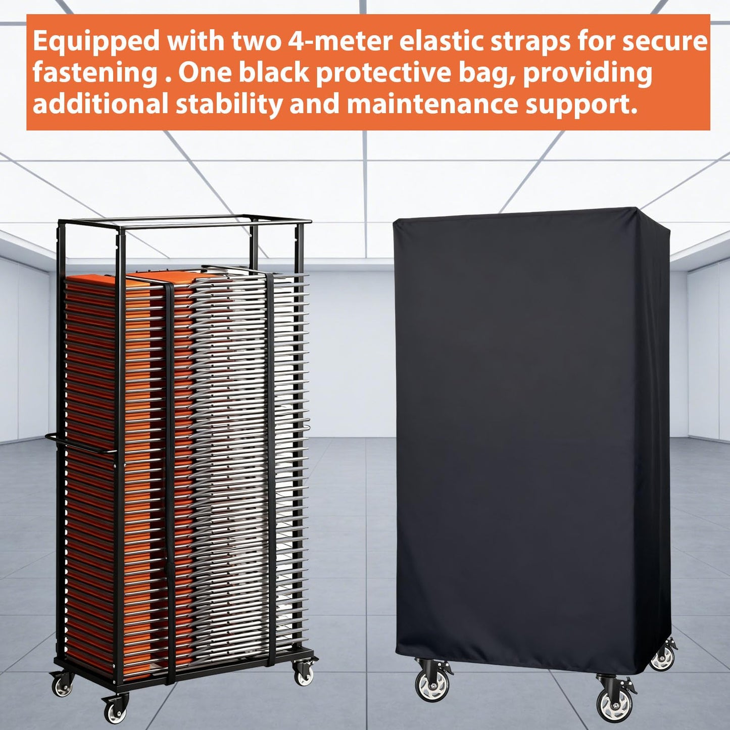 Folding Chair Rack, Folding Chair Cart with Wheels Heavy Duty, 500 LBS Capacity for 60 Chairs Chair and Table Cart w/Dust Cover and 2 Binding Ropes, 80”Lx42”Wx20”H