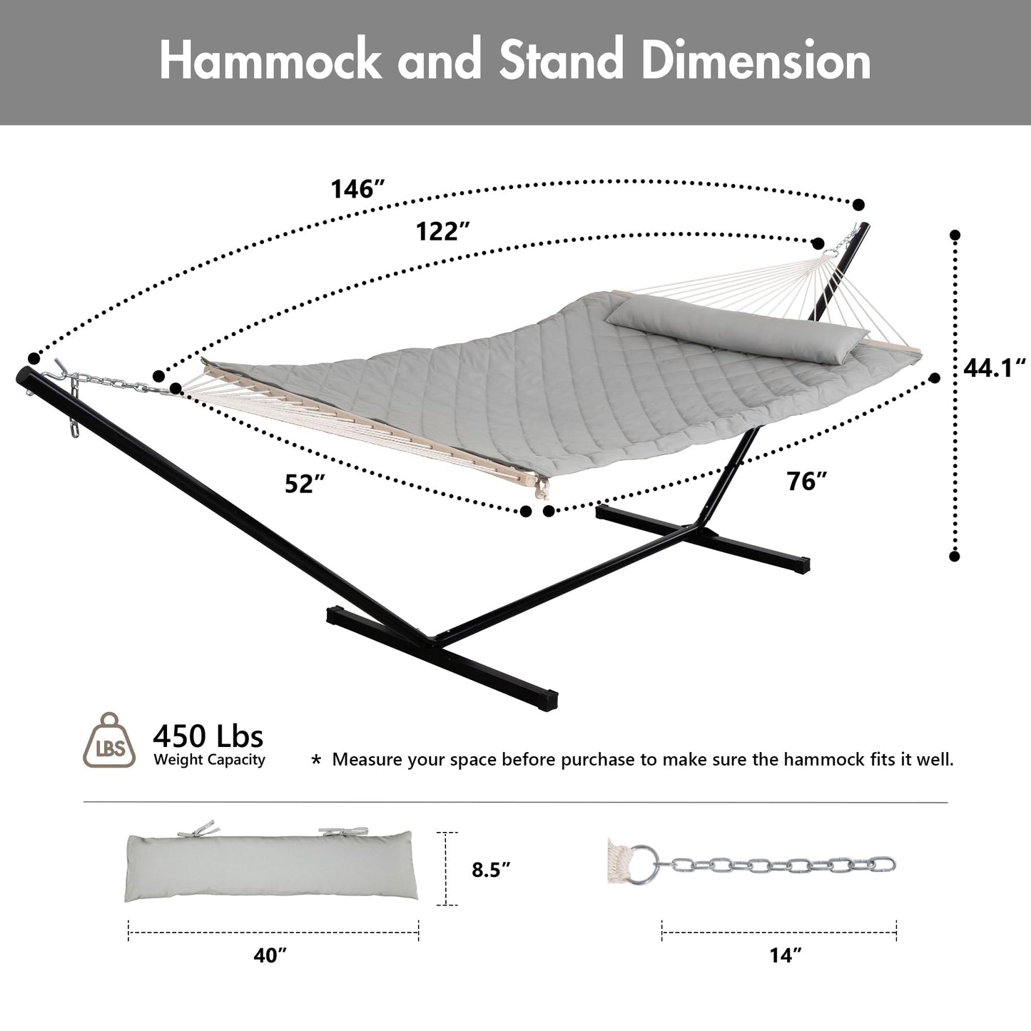 ANOW Double Rope Hammock with Stand 12FT, Heavy Duty Hammock with Polyester Pillow and Pad, 450 LBS Weight Capacity, Light Grey