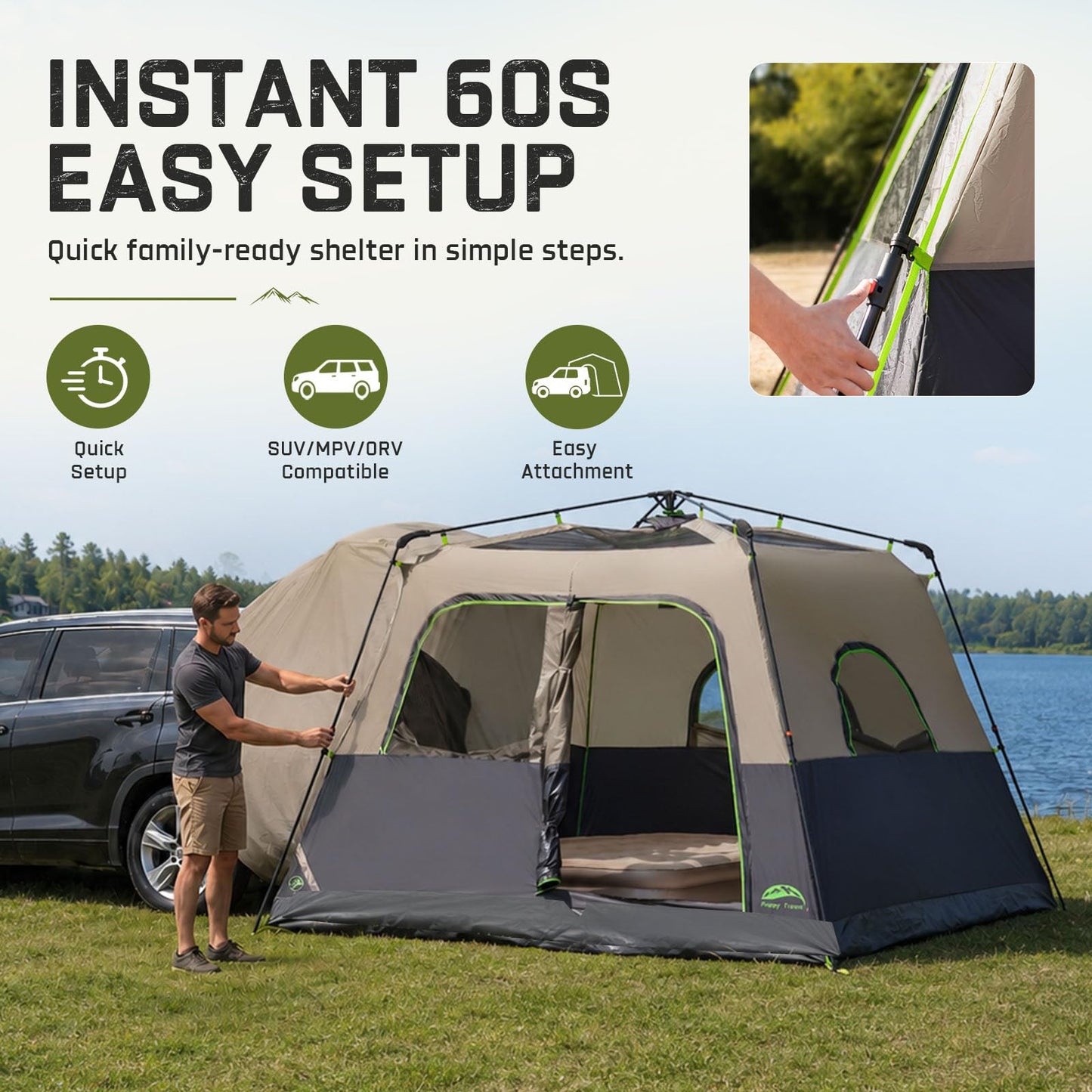 Happy Travel SUV Tents for Camping, 6 Person Instant Tent with 60 Seconds Easy Setup, Waterproof Car Tailgate Cabin Tent with Rainfly for Family Camping, Expandable Carry Bag,10' W X 10' L X 7.1' H