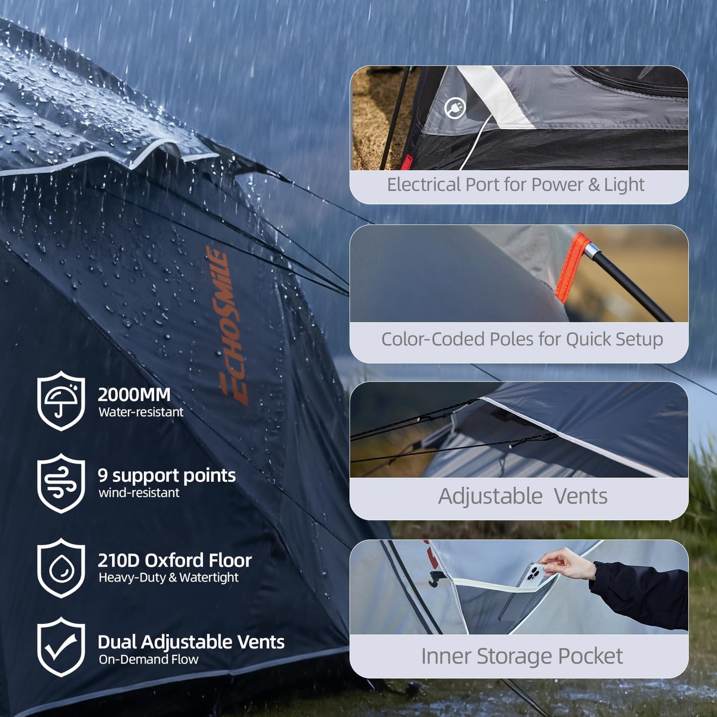 EchoSmile 3-5 Person Family Camping Tent, Waterproof Windproof Heavy Duty Dome Shelter, Easy Setup Multi-Pole Cabana with Extra Storage Room for Wet Bags & Shoes, Outdoor Hiking Travel -Gray