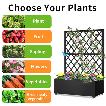 Metal Planter Box with Privacy Screen Trellis,Galvanized Raised Garden Bed On Wheels for Climbing Plants Vines, Standing Garden Flower Bed with Drainage Holes (Black, 35" L x16 W x 55" H)