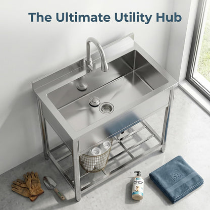 GGW Stainless Steel Large Utility Sink Single Bowl, Freestanding Laundry Sink with Pull-Out Faucet, Utility Sink for Laundry Room, Garage, Kitchen, Outdoor/Indoor Use, W35.4" x D22.4" x H37"
