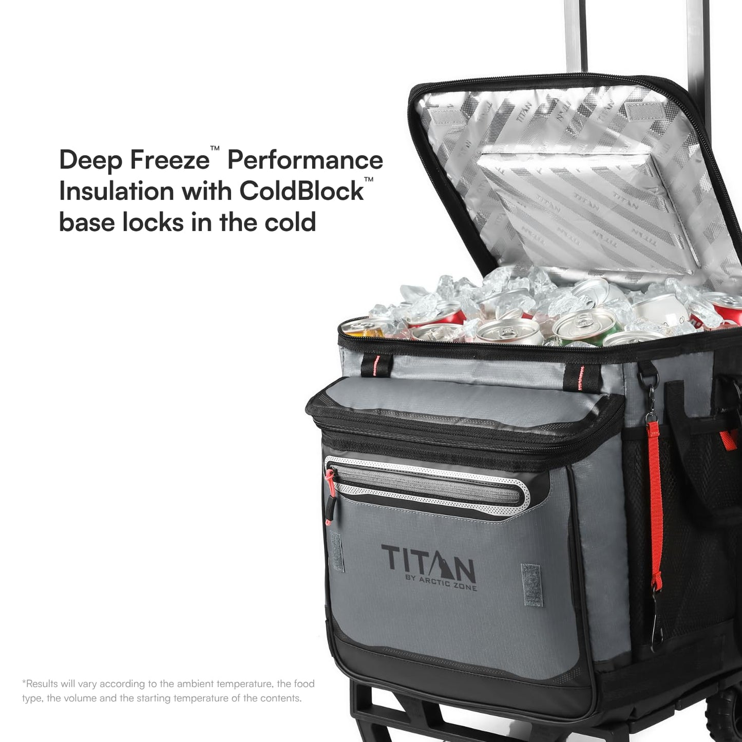 Titan by Arctic Zone Collapsible Wheeled Soft Sided Cooler with Detachable Rolling AT Cart, Insulated Bag with Leak Proof Lining, for Travel, Beach, Picnic, 60 Can Capacity, Sharkskin Grey