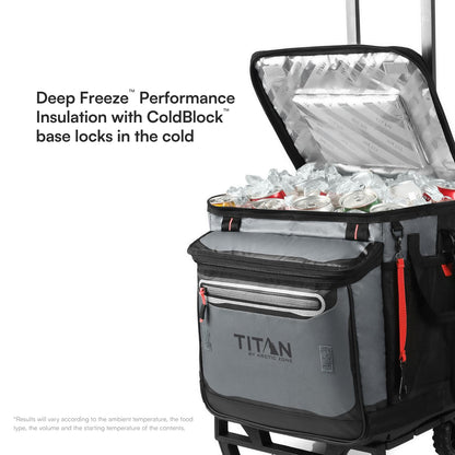 Titan by Arctic Zone Collapsible Wheeled Soft Sided Cooler with Detachable Rolling AT Cart, Insulated Bag with Leak Proof Lining, for Travel, Beach, Picnic, 60 Can Capacity, Sharkskin Grey