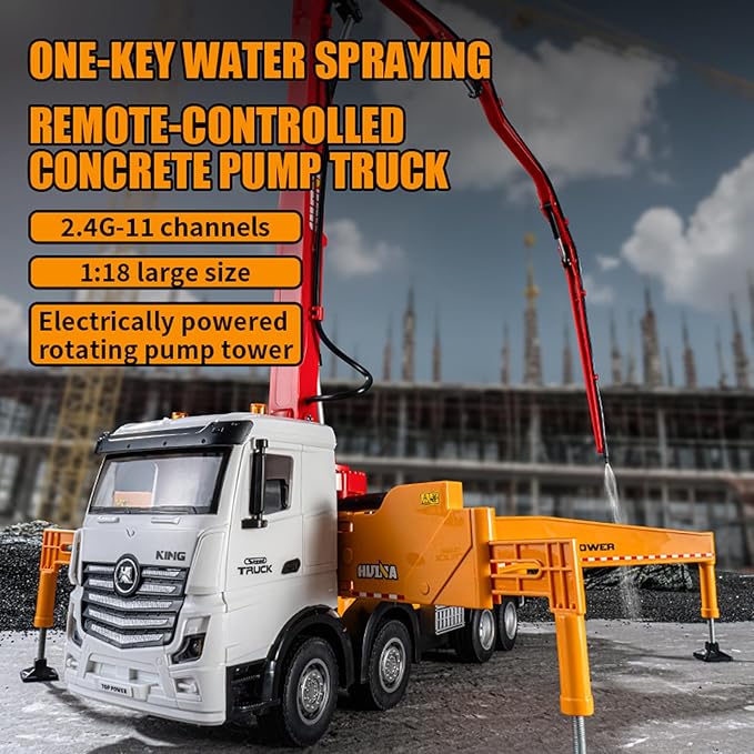 Concrete Pump Truck Toy 1:18 Scales Cement Truck Toy 11 Channel 2.4G Diecast Construction Trucks with Working Water Pump One-Touch Function120CM Pump ARM 630° Rotation for Teens 14+