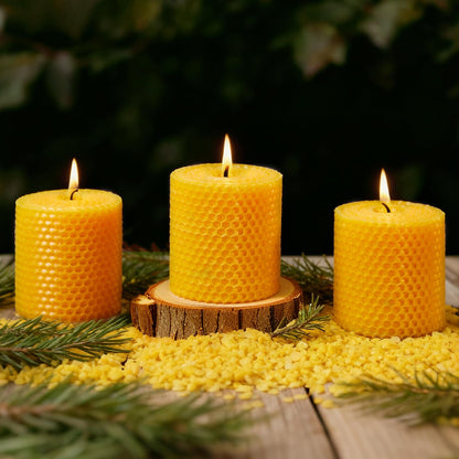 Ashlux Beeswax Pillar Candles 3 Pack, 3x3 Inch Unscented Dripless Pure Natural Bees Wax, Hand-Rolled Honeycomb Decorative Candle for Home Decor, Prayer, Wedding, Meditation, Gifts Set