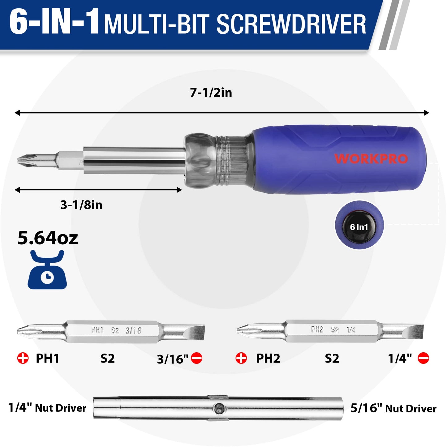 WORKPRO 6-in-1 Basic & 4-in-1 Electronics Screwdriver/Nut Driver Set Tool Confort Grip, 2PCS Portable Screw-driver, 8 Basic & Precision Bits (Philips/Slotted), 2 Nut Driver Sizes