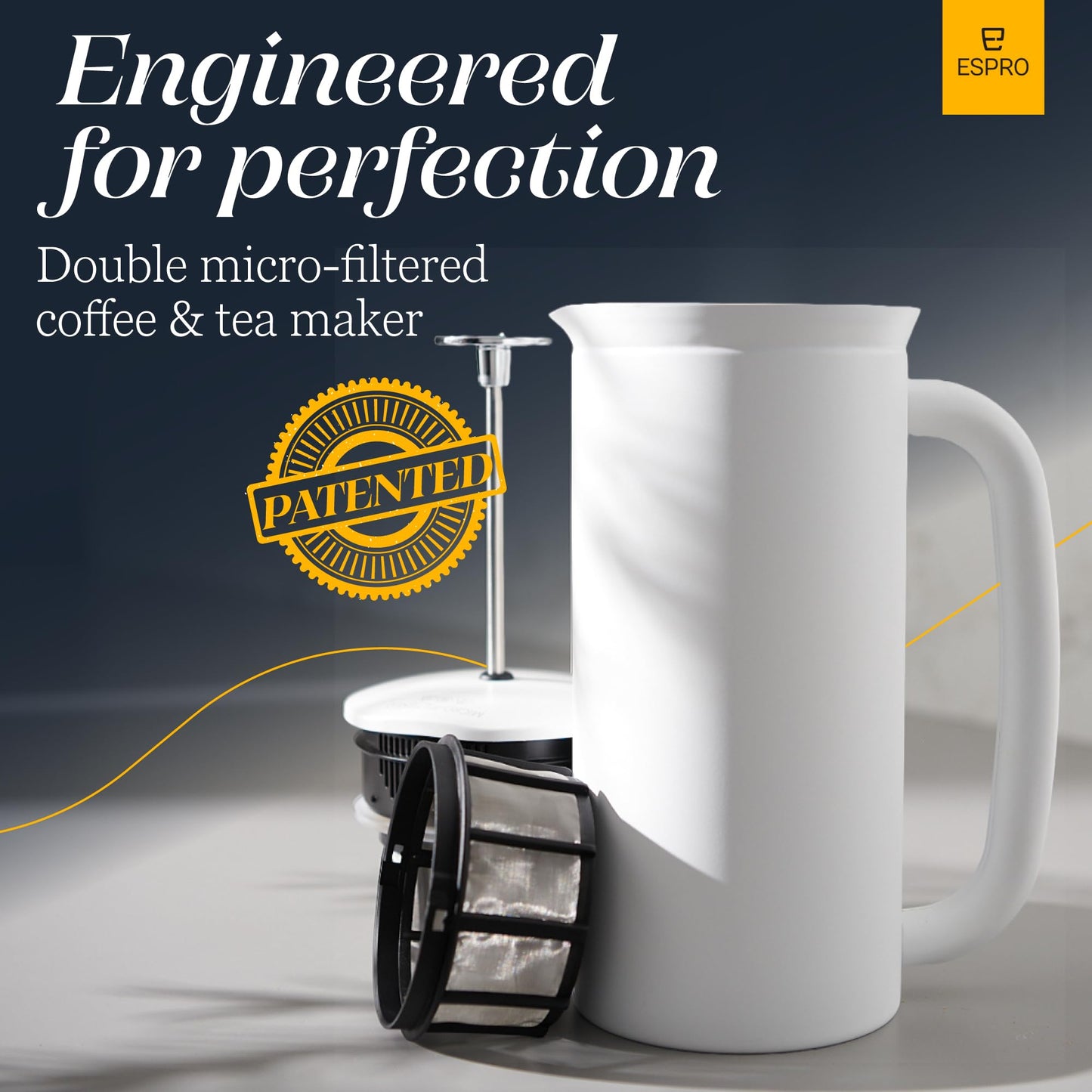 ESPRO Pro P7 French Press Stainless Steel 304 – Patented Double Walled Micro-Filter Insulated French Press Coffee Maker, Grit-Free Brew - Heat Resistant BPA Free - Matte White - 18oz