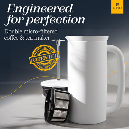 ESPRO Pro P7 French Press Stainless Steel 304 – Patented Double Walled Micro-Filter Insulated French Press Coffee Maker, Grit-Free Brew - Heat Resistant BPA Free - Matte White - 18oz