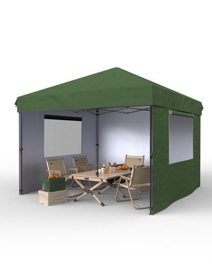 10x10 Pop Up Canopy with 3 Sidewalls - Outdoor Canopy Tent with Portable Roller Bag - One Button Push Setup, 3 Adjustable Height, 4 Weight Bags, 8 Stakes & 4 Guy Ropes Included, Green