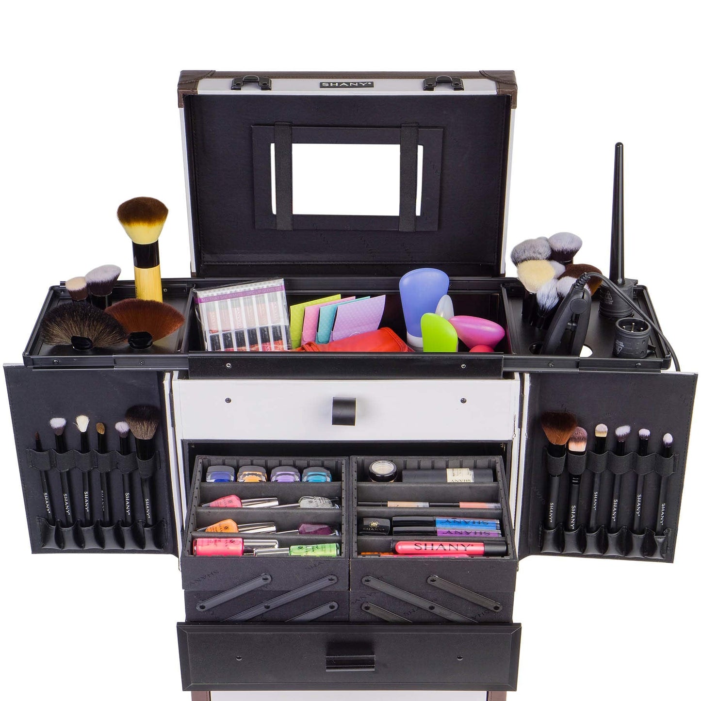 SHANY REBEL Series – Pro Makeup Artists Multifunction Cosmetics Trolley Train Case – Large - White Collar