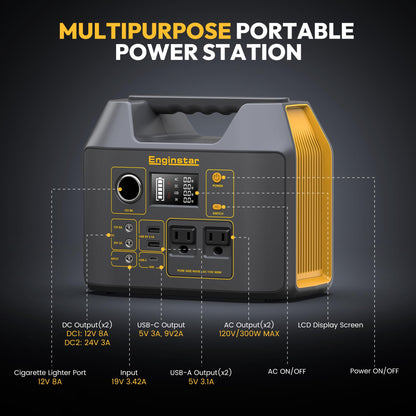 EnginStar Portable Power Station,300W Solar Generator, 110V 296Wh Power Bank Two Pure Sine Wave AC Outlet 80000mAh Lithium Battery Pack for Camping Outdoors Trip RV Hunting Vans Emergency Backup