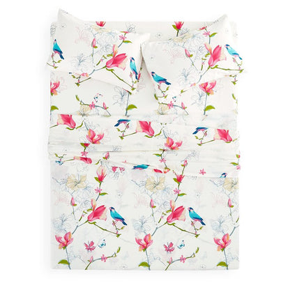 Wake In Cloud - Floral Bed Sheets, 100% Cotton, 4-Piece Sheet Set, Bird Patterned Printed Botanical Boho Flower Aesthetic Bedding, Deep Pocket, Pink Beige, King Size