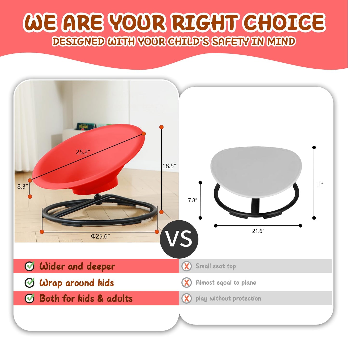 HAPPYMATY Spinning Chair for Autistic Kids, Sit and Spin Autism Toys for Age 3+, Sensory Swivel Chair Enhancing Motor Skills, Educational Indoor & Outdoor Toys (Red)