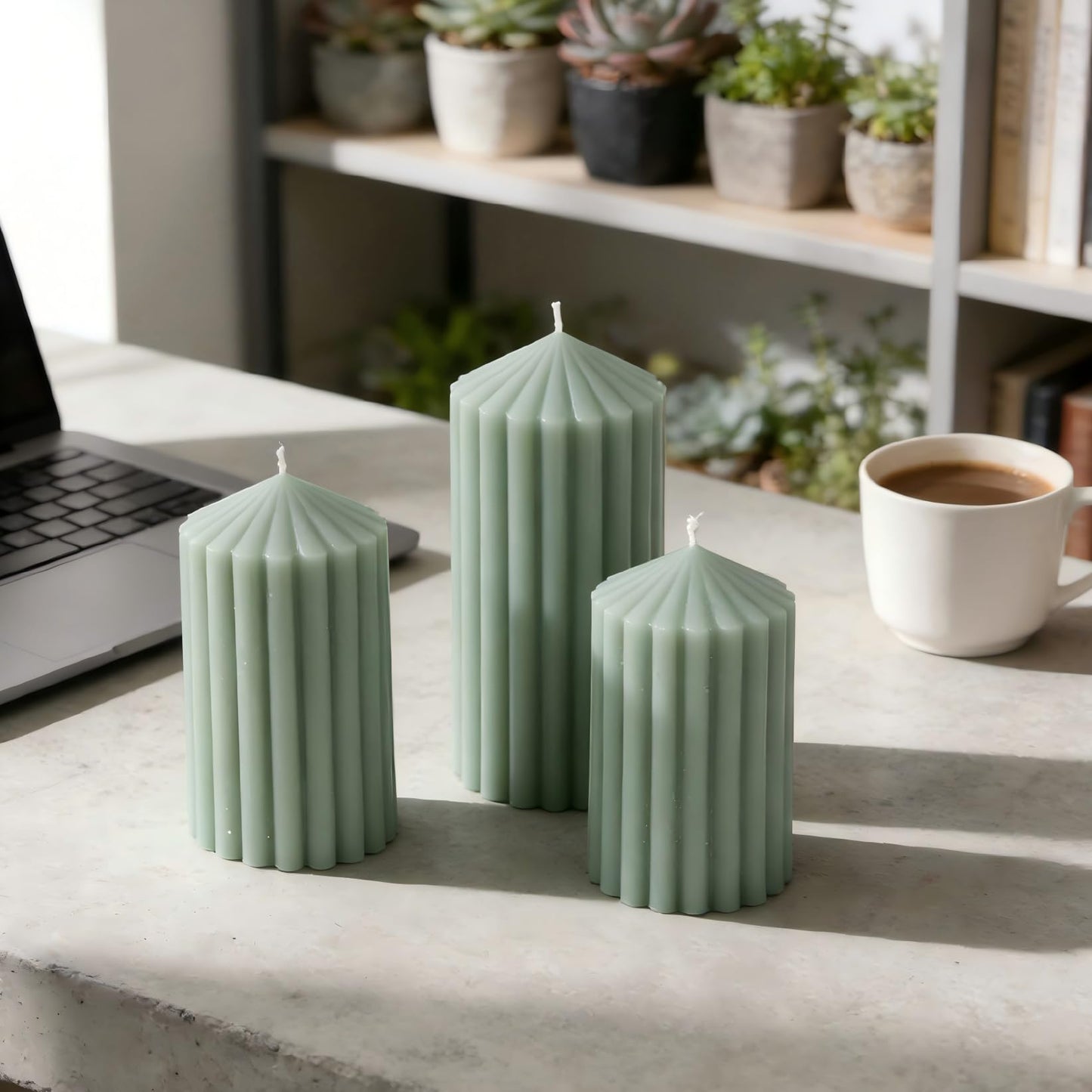 3 Pack Sage Green Ribbed Pillar Candles - Soy Wax Unscented, 2.76"x4.2/4.9/5.9 in Smokeless Non Toxic Cotton Wick, Aesthetic Modern Candles for Home Decor, Dinner Table, Living Room, Housewarming Gift