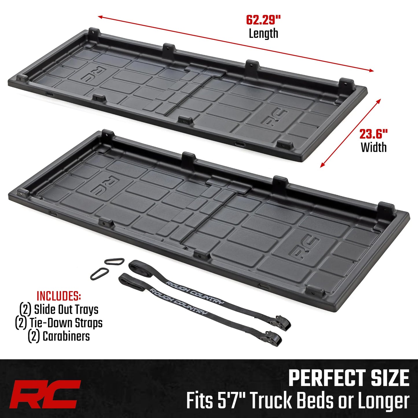 Rough Country Slide-Out Truck Bed Cargo Tray - Organizer for 5'7"+ Beds, Heavy-Duty Polyethylene, UV-Protected, Easy Tailgate Access