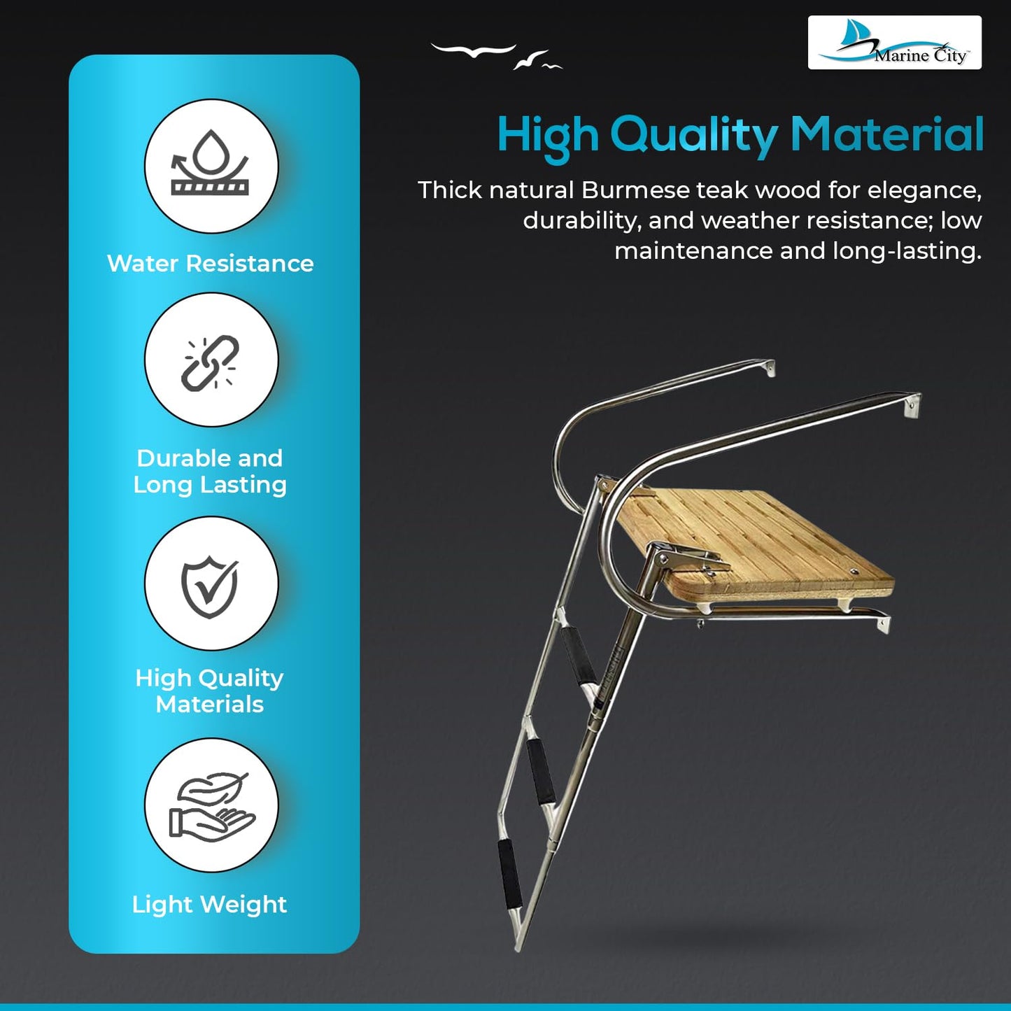 MARINE CITY Stainless Steel Swim Teak Platform Boat Ladder, Low Maintenance Ideal for Marines, Boats, Ships, Yachts (Teak I/B (3 Steps))