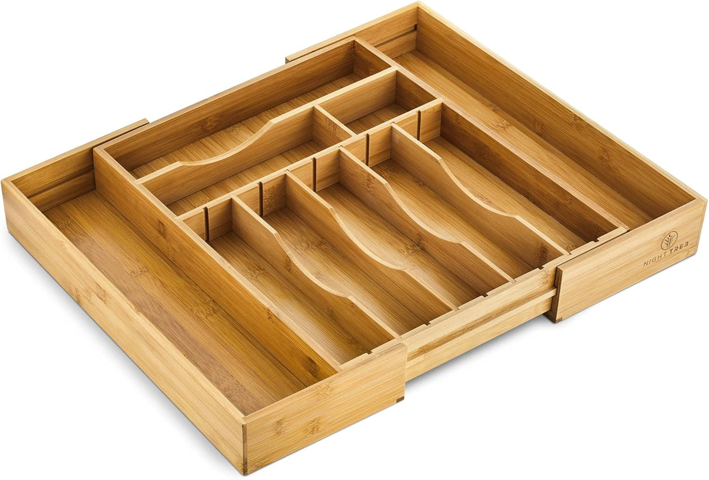 Night Tree Silverware Drawer Organizer - Extra Deep Bamboo Flatware Tray with Adjustable Dividers (14"-21.6" Wide)