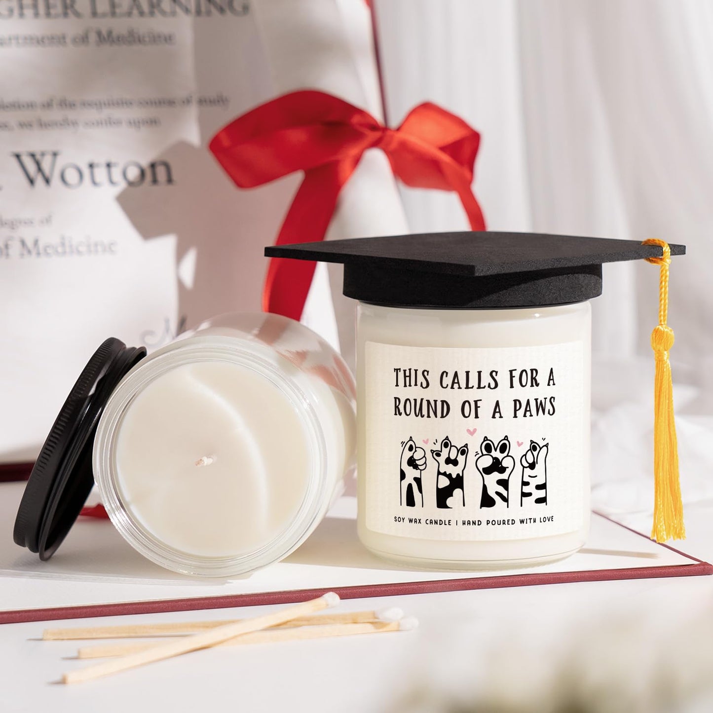 Petalsun Graduation Gifts for Her, Him- Cute Paws Grad Candle- 2026 Funny College, Masters Degree, Phd, Nurse, High School Grad Gifts for Cat Lovers, Graduation Party Decorations, Lavender Scented 7oz