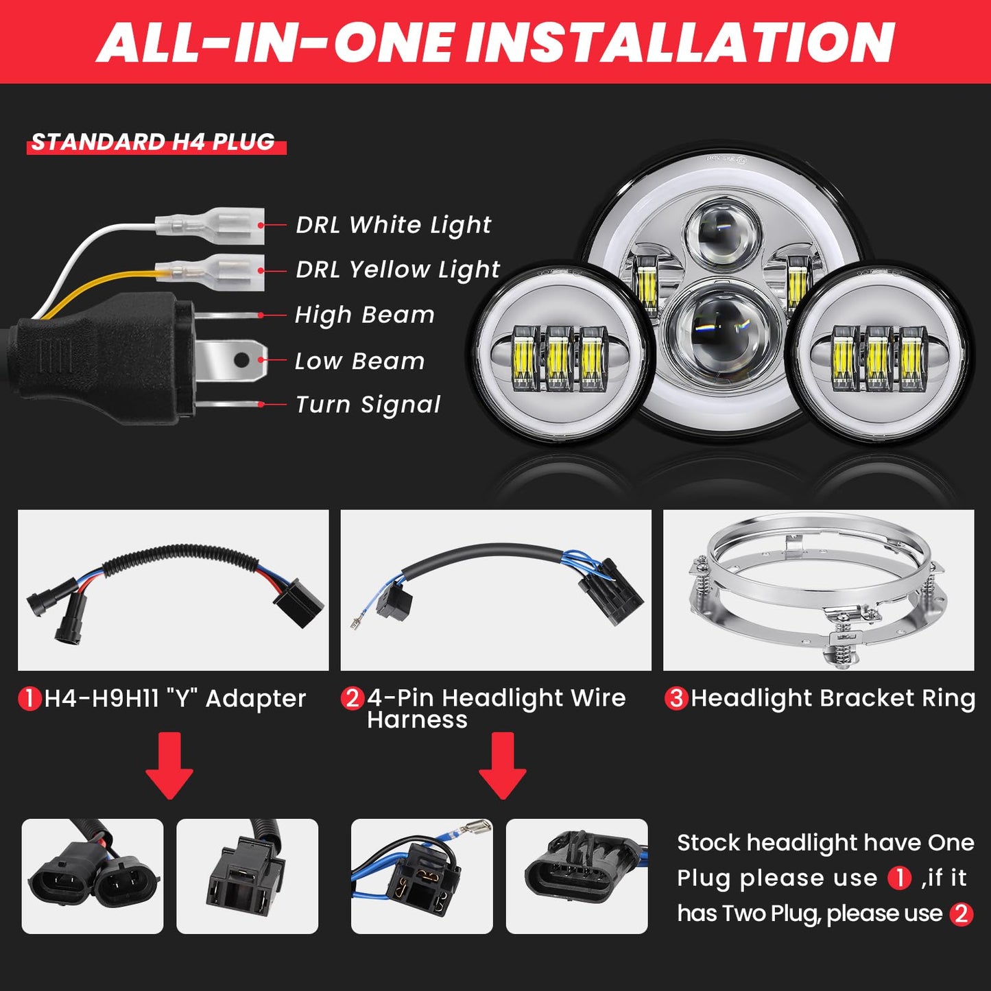kekykm 7 Inch Motorcycle LED Headlight 4.5" Fog Passing Light Assembly for Harley Touring Softail Deluxe Road King Street Glide Road Glide Ultra Limited Tri Tour Models DRL Halo Ring Angel Eye Chrome