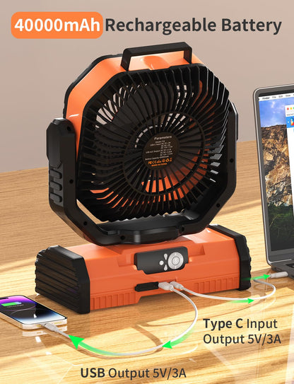 EEIFO 12 Inch Portable Camping Fan, 40000mAh Rechargeable Battery Powered Fan with 4 Speeds Wind and LED Light 140H, Cool & Warm Light and SOS Mode, Auto Oscillating, 360° Rotating Hang Hook(Orange)
