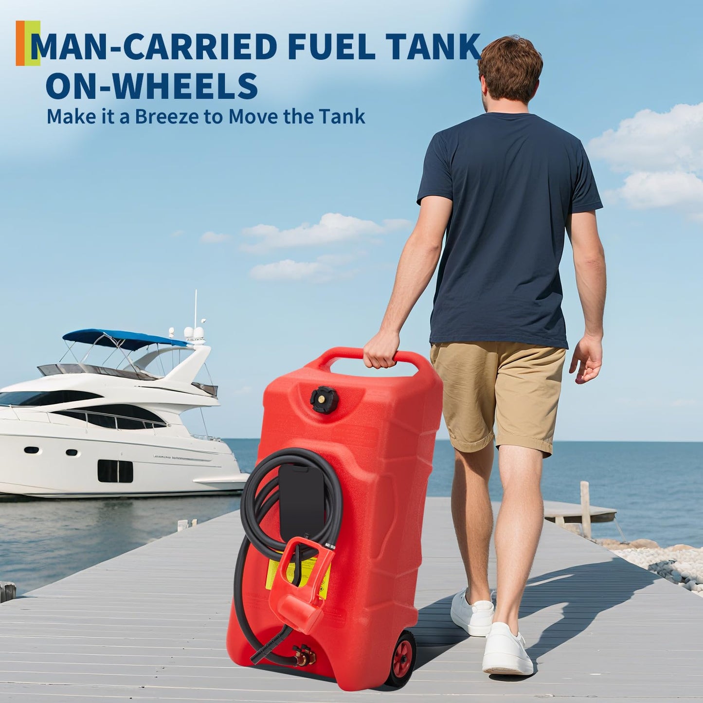 PeacefulHues Upgraded 16 Gallon Gas Tank, Heavy-Duty Fuel Can with Manual Transfer Pump & 10FT Hose, Portable Gas Can with Casters, Leak-Proof Gas Container for Lawn Mowers, Tractor, Boat, Snow Blow
