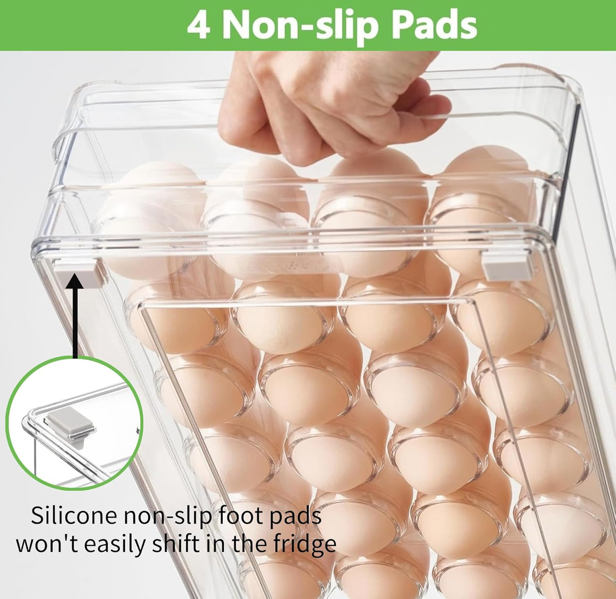 Vacane Egg Holder - 24 Capacity BPA-Free Refrigerator Organizer with Non-Slip Pads | Space-Saving Design