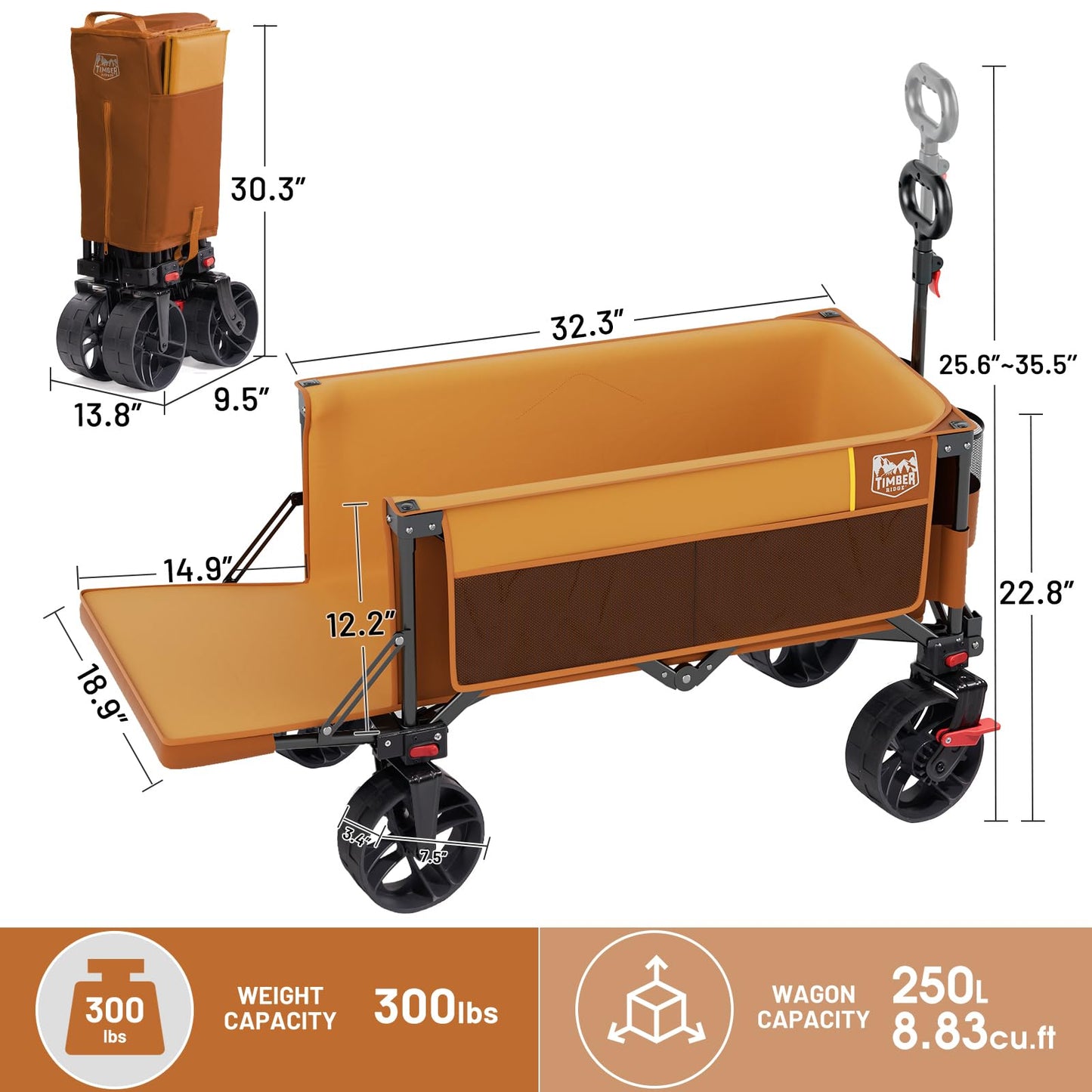 Timber Ridge 47" L Collapsible Wagon with Tailgate & Brake, 300 lbs Heavy Duty Beach Wagon with All-Terrain Big Wheels, 250L Foldable Utility Cart for Sand Camping Sports Shopping, Orange