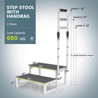 DEPSUNNY RV Step Stool with Handrail, 2 Steps 1 Handrail, Wider Platform, Anti-Slip Mats, Step Stool with Handle for Elderly, Portable RV Stairs for Hot Tub/Camper/Mobile Home/SPA Pool/Pet Stairs