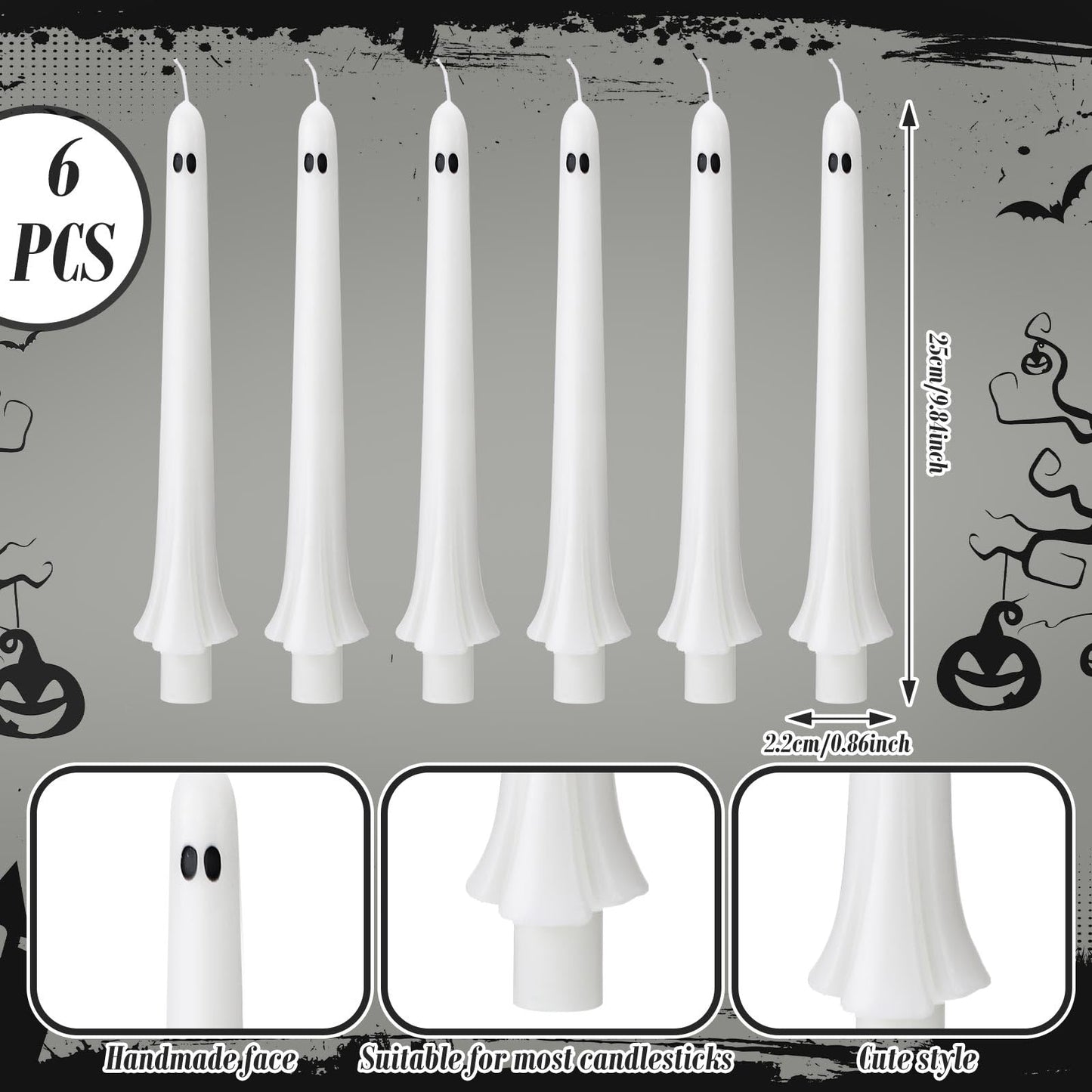 Conelist 6 Pcs Halloween Ghost Taper Candles Bulk Cute White Spooky Candles Decorations Halloween Ghost Shaped Decor for Party Favor Home Table Centerpieces Fireplace Festival Kitchen