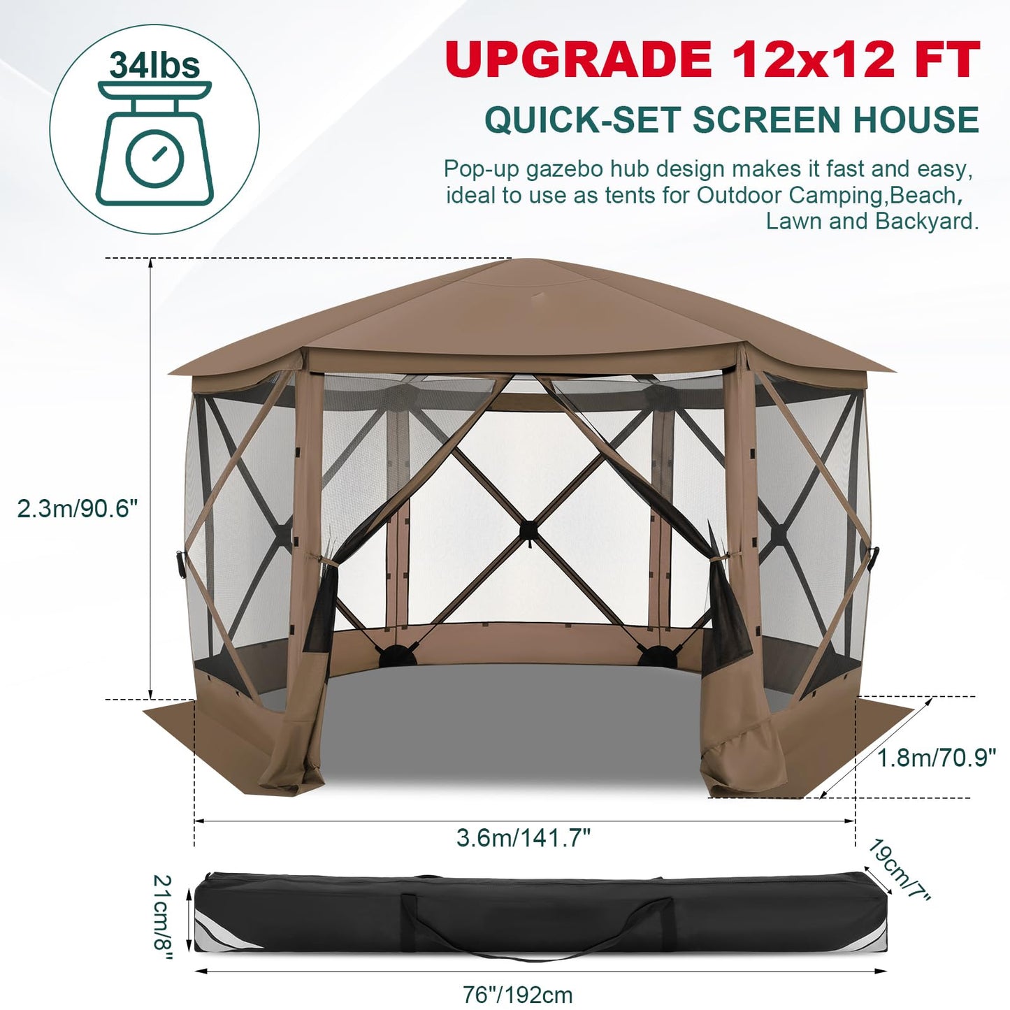 COBIZI 12x12 FT Pop Up Canopy Stargazing Tent, Gazebos On Clearance with Removable Roof, Screened in Gazebo, Screen Tents Portable carpas para Patio for Outdoor Camping,Backyard, Garden, Brown(Pro)