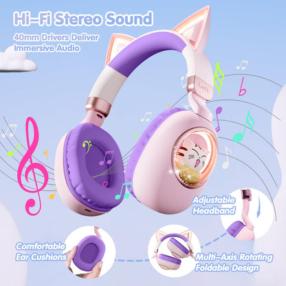 sunvito Kids Headphones Bluetooth 5.4 - Cat Ear LED Light Up Noise Cancelling Wireless Headphones with Mic, 85dB Volume Limited, Wired & Wireless Mode for Travel/School/iPad