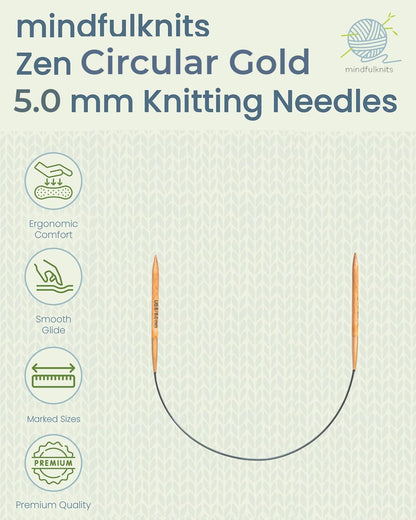 mindfulknits Zen Circular Knitting Needles - US 8, 5mm -16 Inch Length - Premium Beech Wood with Ombre Glossy Finish - Smooth Glide for All Projects - Gold