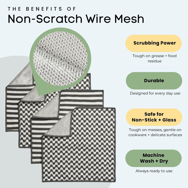 Severn Dish Cloths for Washing Dishes 4pk. Odor-Resistant Dish Rags with Non-Scratch Wire Scrubber Side for Kitchen Cleaning. Grime-Fighting Bamboo-Charcoal Microfiber 2-Sided Dishrags. Machine Wash
