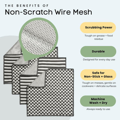 Severn Dish Cloths for Washing Dishes 4pk. Odor-Resistant Dish Rags with Non-Scratch Wire Scrubber Side for Kitchen Cleaning. Grime-Fighting Bamboo-Charcoal Microfiber 2-Sided Dishrags. Machine Wash