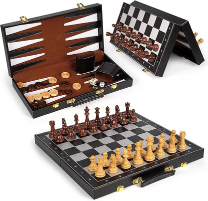 3 in 1 Magnetic Chess Set &amp Checkers Backgammon Board Game Set 15 Wooden Folding Chess Board Tournament Portable Travel Chess Set Beginner Chess Board Game for Adults &amp Kids