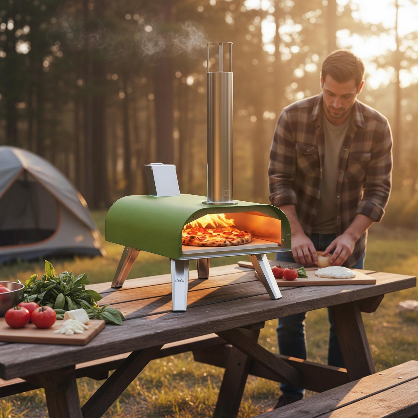 BIG HORN 12" Multi-Fuel Outdoor Pizza Oven Reach up to 1110℉– 3-in-1 Wood,Gas&Electric Compatible (Burners Sold Separately),Pellet Pizza Oven Portable Pizza Maker for Backyard,Camping&Tailgating,Green