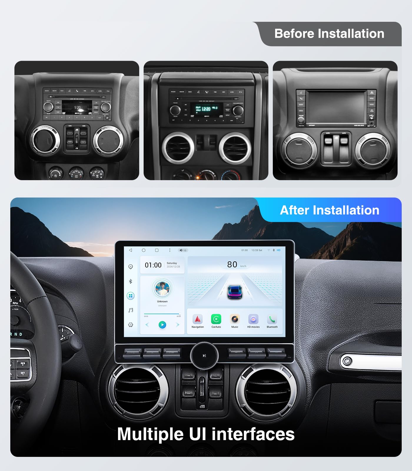 Car Stereo Radio Replacement Upgrade for Jeep Wrangler JK 2007-2018 Dodge Ram 1500 2500 2009-2012 Compass Grand Cherokee Wireless CarPlay Android Auto GPS Navigation Touchscreen Head Unit (6G+64G)