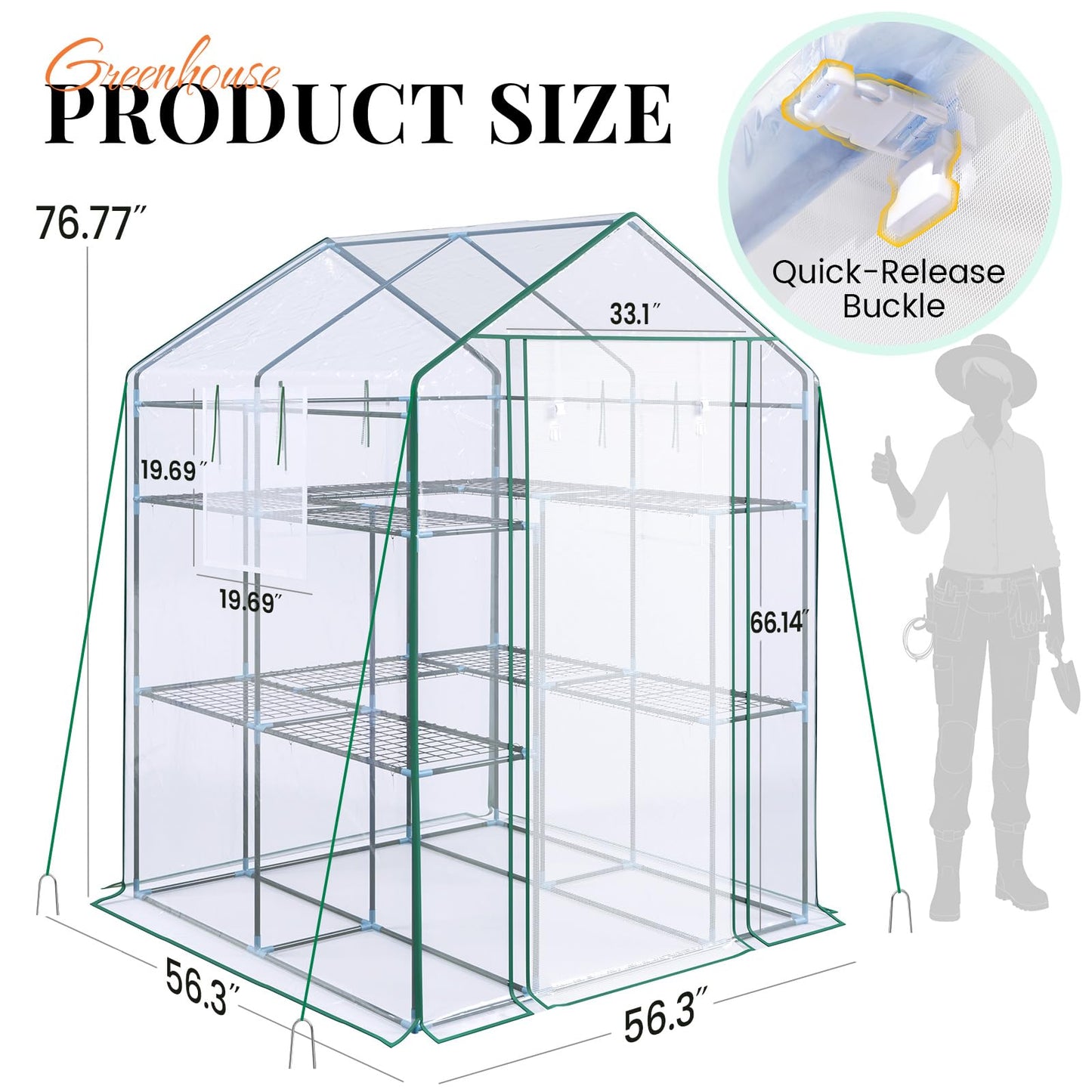 KING BIRD Premium Greenhouse for Outdoors, 56x56x77 in Walk-in Hot House with Thickened Cover, Reinforced Frame, Screen Windows & Mesh Door, 3 Tiers 14 Shelves for Outside Garden Seedlings, Clear