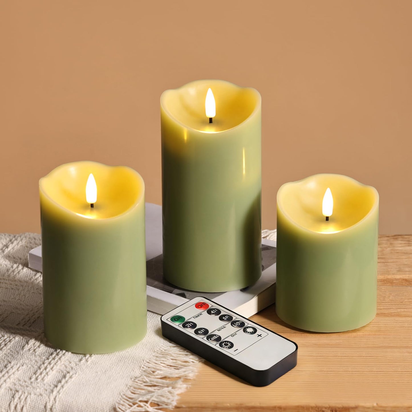 Eywamage Sage Green Flameless Pillar Candles with Remote, Flickering LED Wax Candles Battery Operated Spring Home Decor Set of 3