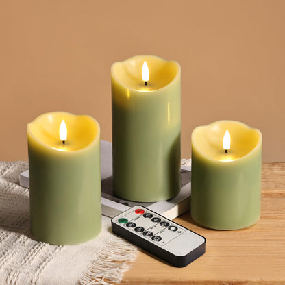 Eywamage Sage Green Flameless Pillar Candles with Remote, Flickering LED Wax Candles Battery Operated Spring Home Decor Set of 3