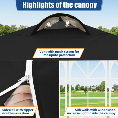 COBIZI 10x10 Pop Up Canopy Tent, One Push Outdoor Gazebo with 4 Removable Sidewalls & Air Vent, Waterproof Commercial Easy Up Adjustable Canopy with 4 Sandbags, 4 Stakes & 8 Ropes for Party,Black