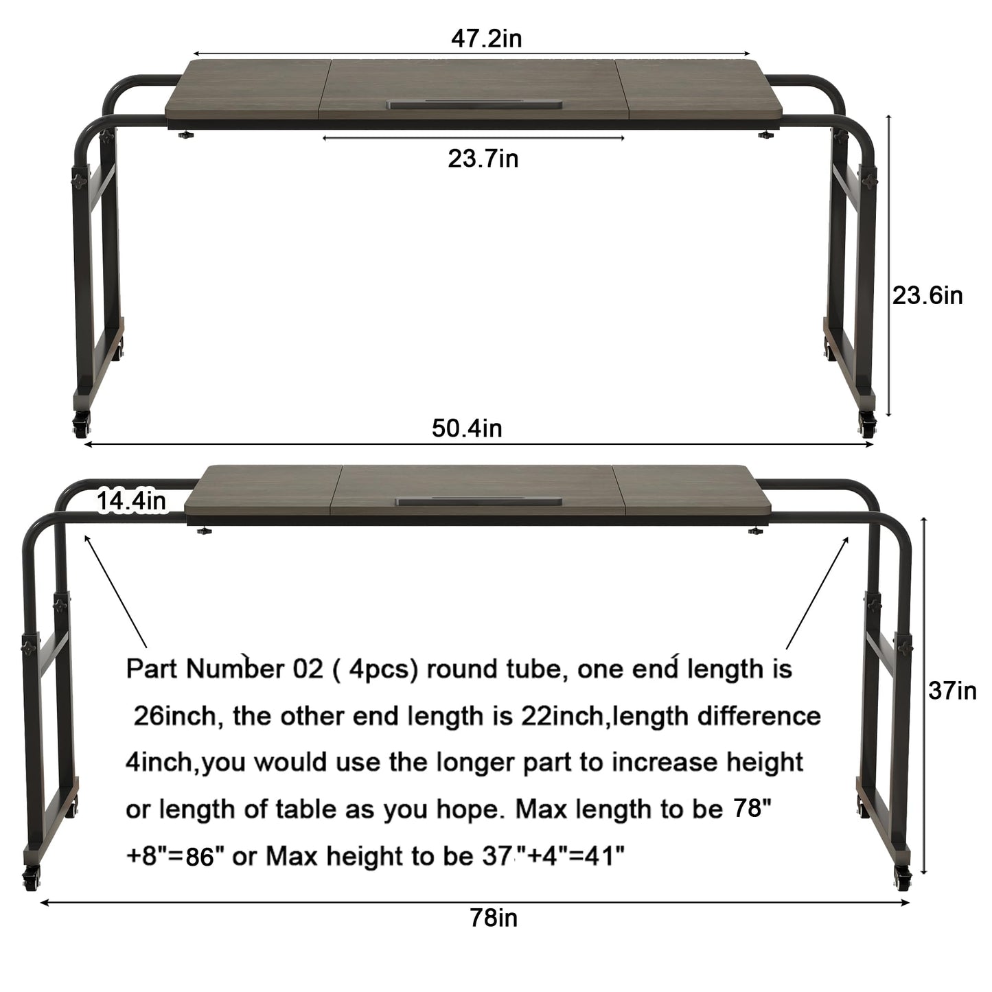 TigerDad Tilt Overbed Table with Wheels, Height Adjustable Rolling Desk for King Queen Bed, Tilting Laptop Cart Mobile Computer Workstation, Dekuwood