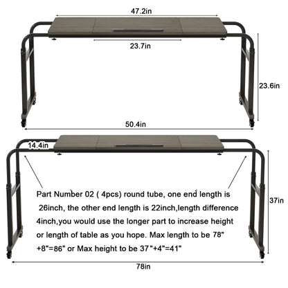 TigerDad Tilt Overbed Table with Wheels, Height Adjustable Rolling Desk for King Queen Bed, Tilting Laptop Cart Mobile Computer Workstation, Dekuwood
