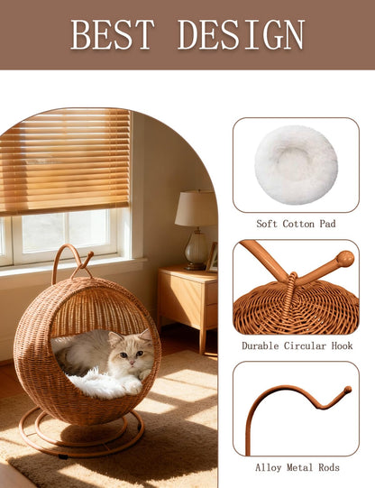 CIHTL Wicker Cat Bed Indoor & Outdoor, Handwoven PP Rattan Cat Swing Bed with Removable Washable Cushion, Breathable Waterproof Cat House for Cats & Small Dogs (Large–16.9" L × 25.98" H)