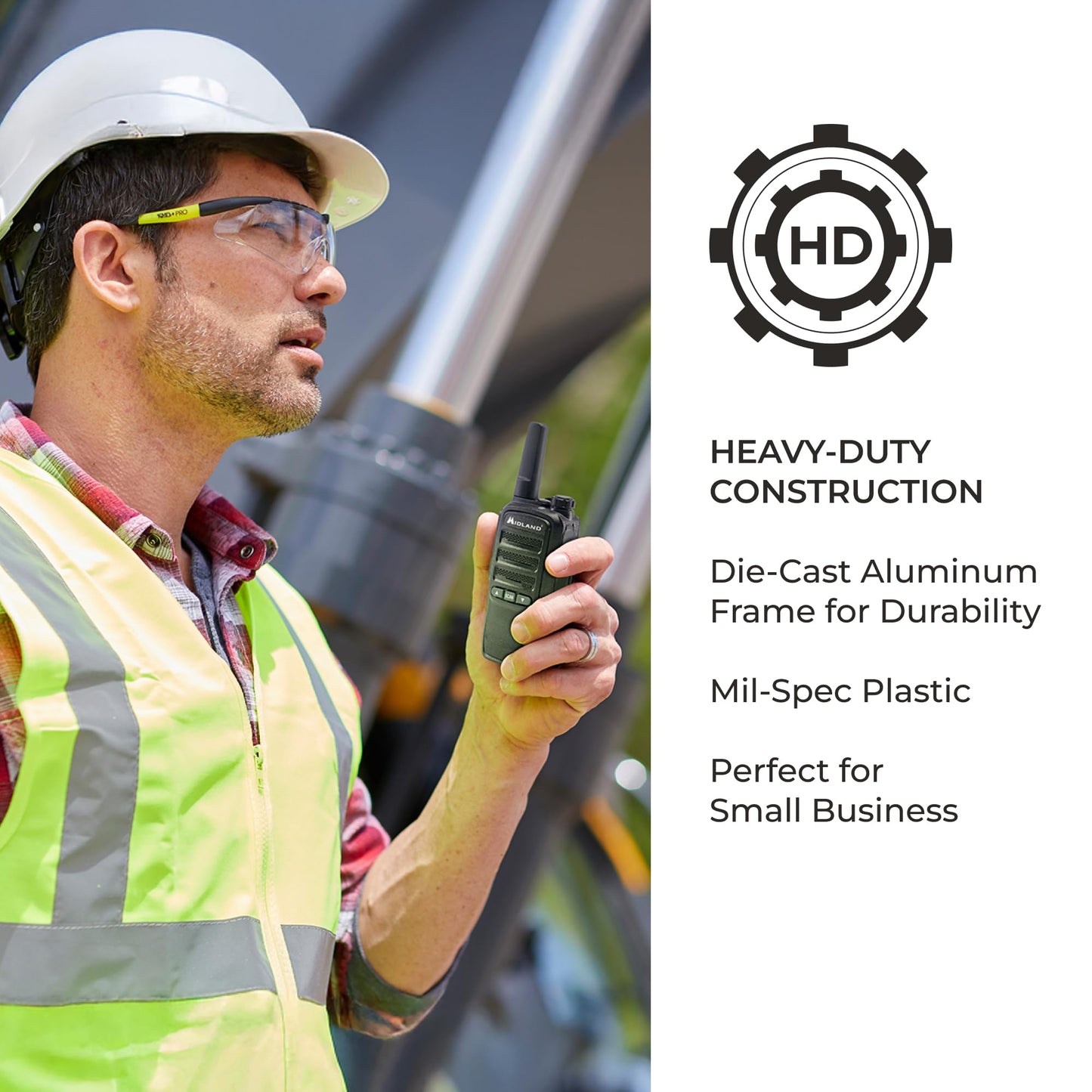 Midland BR10 Heavy-Duty Business Walkie Talkies – 2-Watt Long Range Two-Way Radios, FRS License-Free, Rechargeable Battery, Portable Handhelds for Job Sites & Manufacturing (2-Pack)