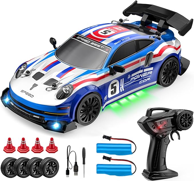 1:24 Scale RC Drift Car 4WD 2.4GHz High Speed Racing Sport Toy Car with LED Lights Racing and Drift Wheels (E80-Blue)